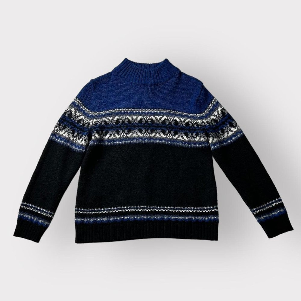 Vintage 1990s blue, black, and white mock turtleneck sweater. Size small